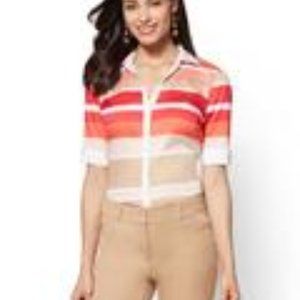7TH AVENUE - STRIPED MADISON STRETCH SHIRT IN TEA